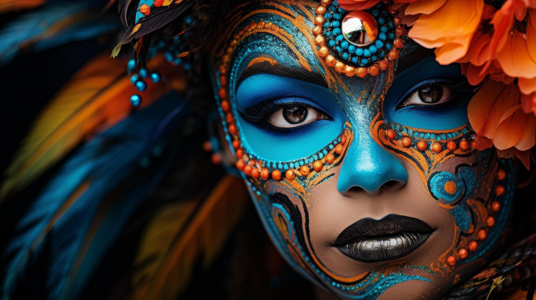 Vibrant and ornate face mask with intricate designs photo