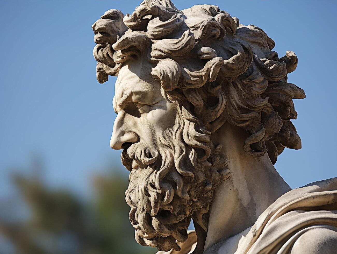 Detailed stone sculpture of a bearded man with flowing hair photo
