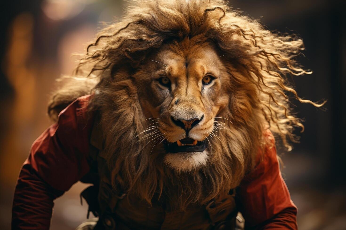 Majestic lion wearing a red jacket photo