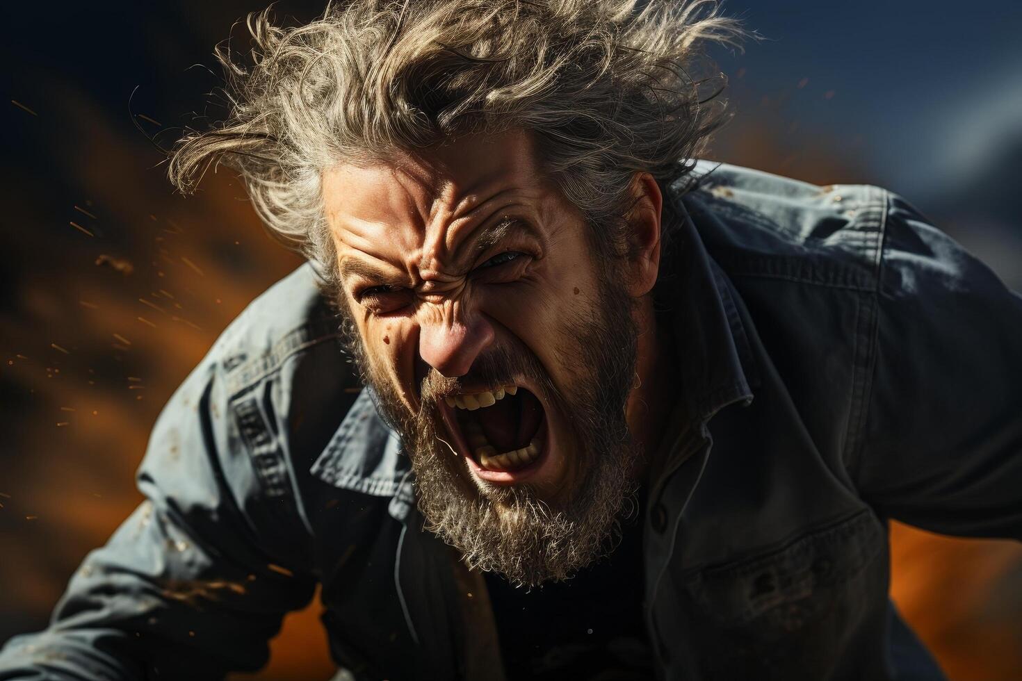 Intense expression of a bearded man with wild hair photo