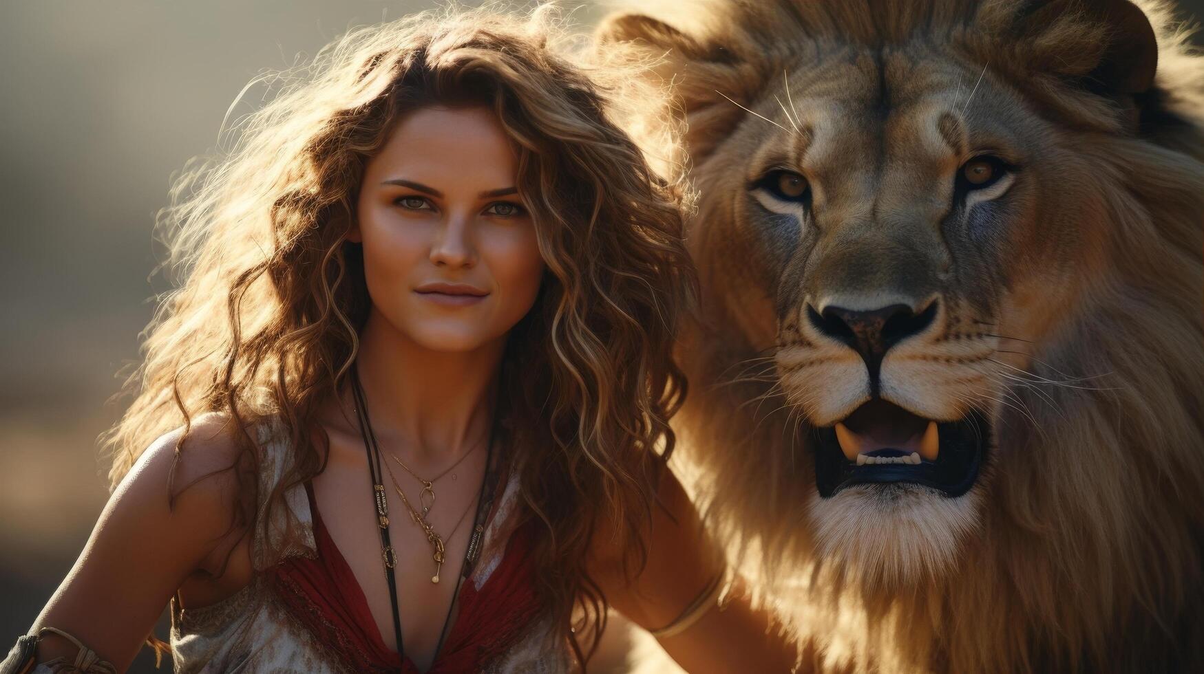 woman with curly hair posing with lion photo