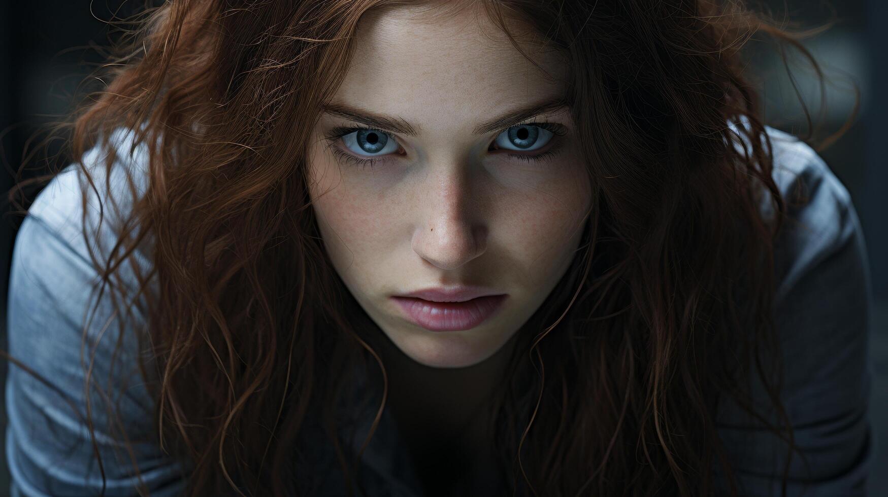 intense gaze of a young woman with striking blue eyes photo