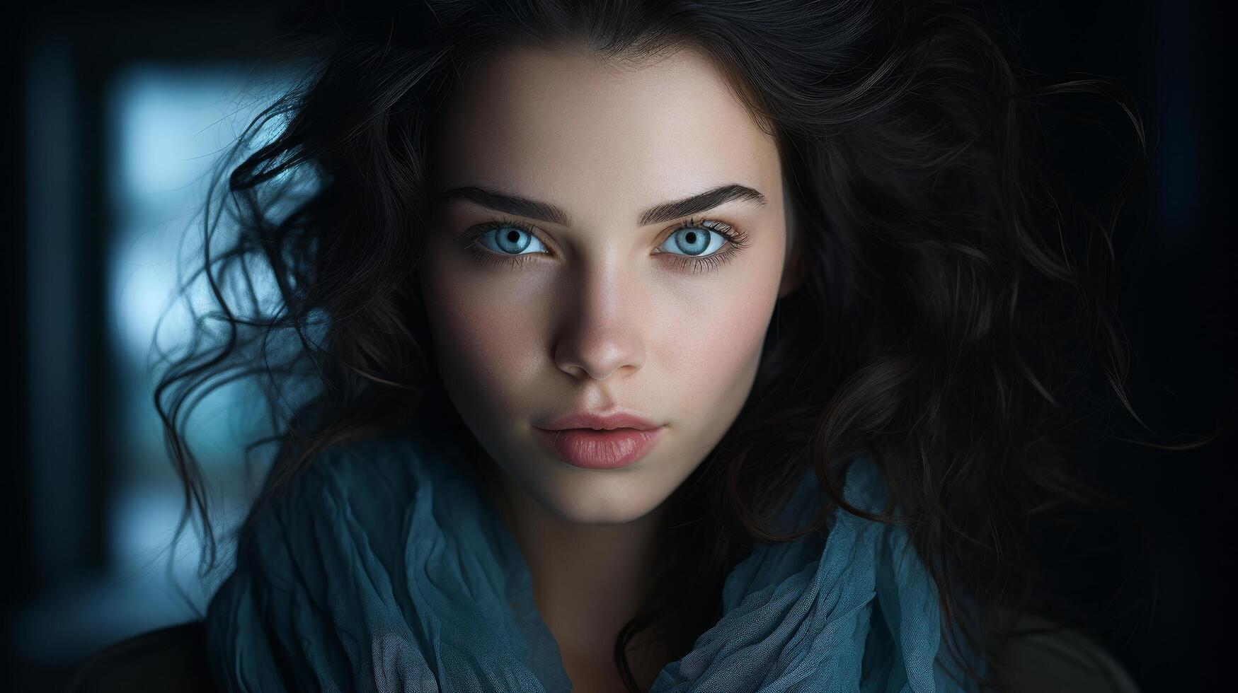 Mysterious woman with intense blue eyes photo