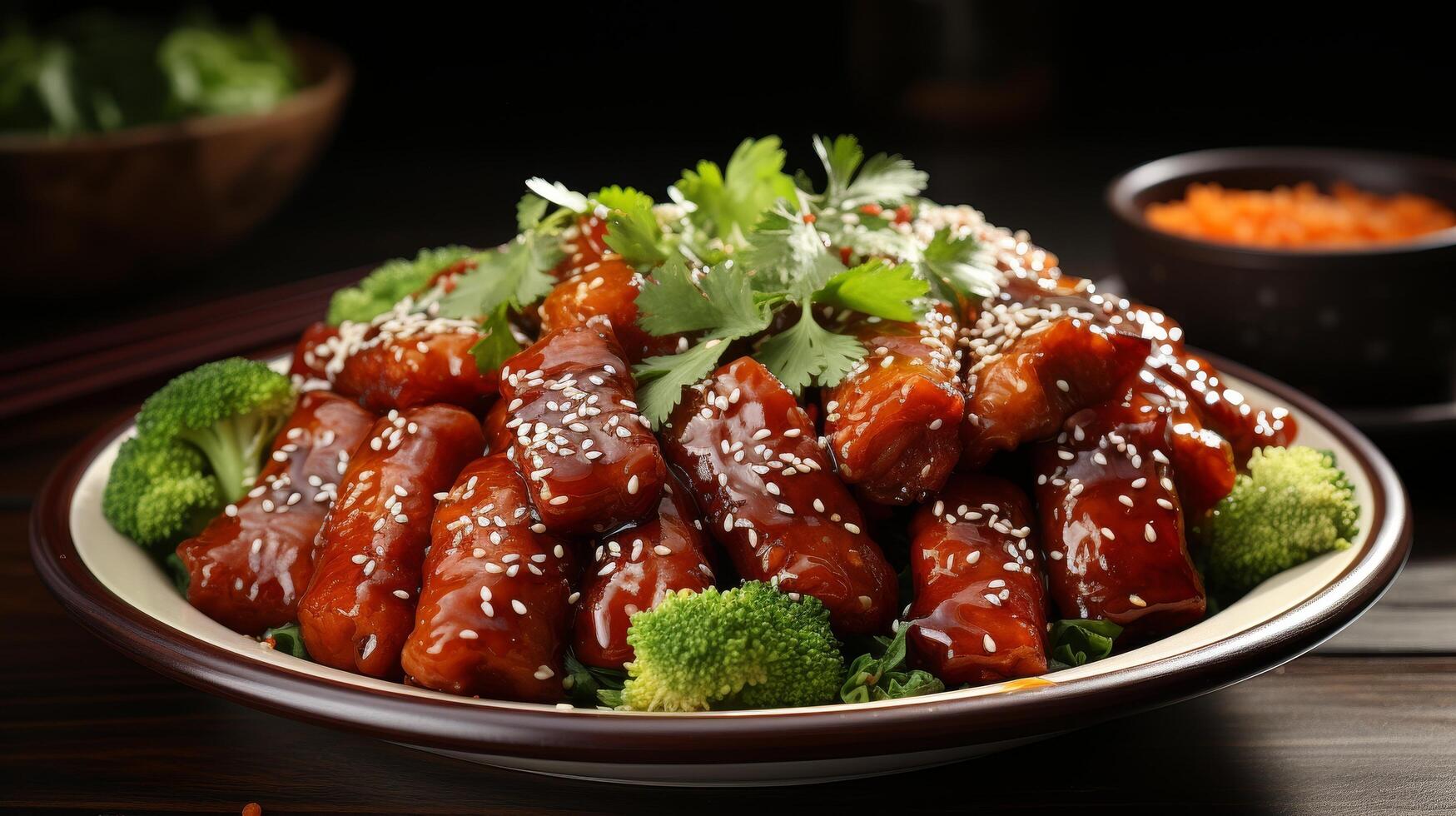 Delicious sesame glazed pork ribs with fresh cilantro and broccoli photo
