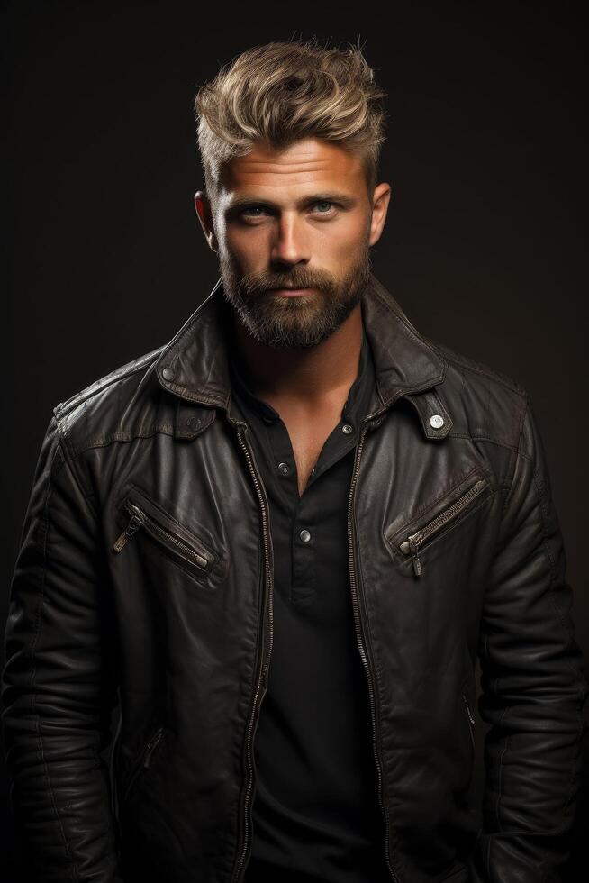 Rugged and handsome man in leather jacket photo