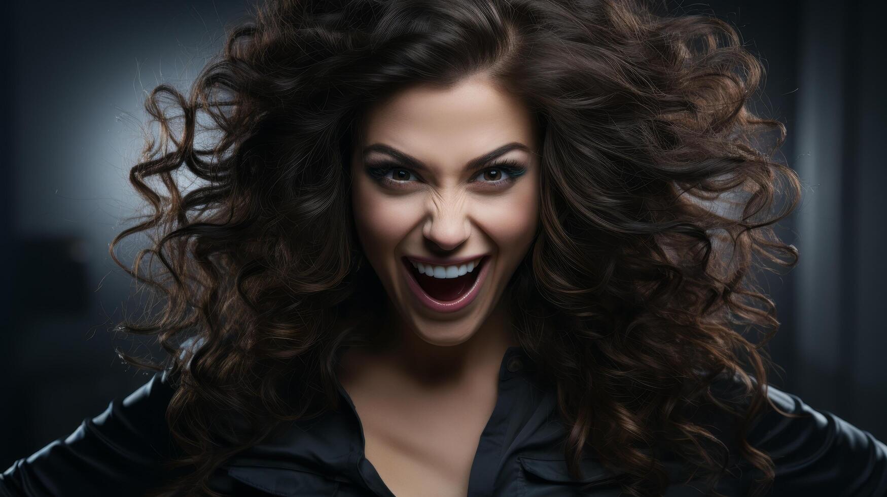 Energetic woman with wild curly hair photo