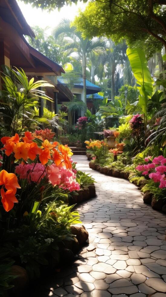 Lush tropical garden pathway with colorful flowers and palm trees photo