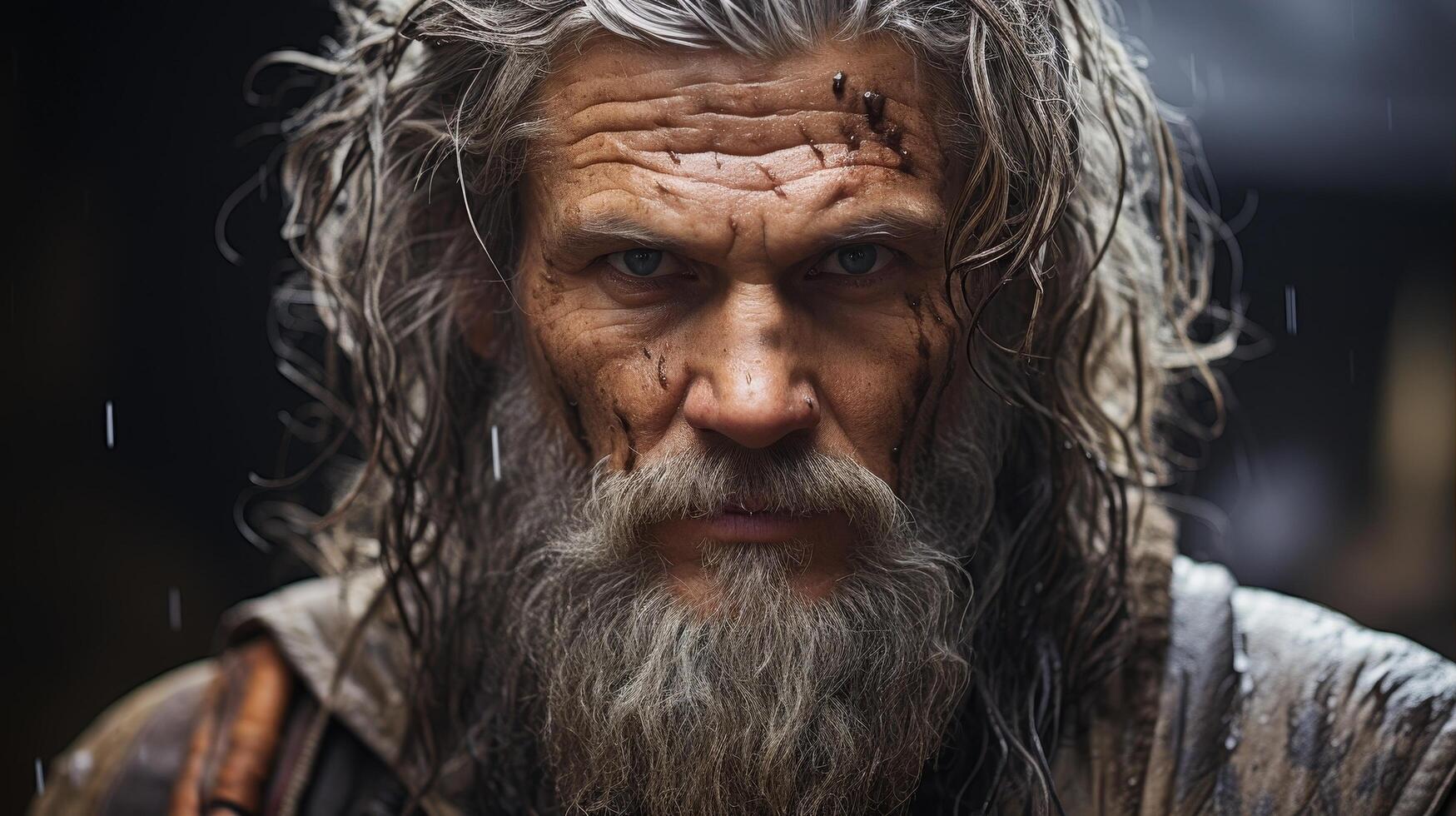 Weathered face of an elderly man with a long beard photo