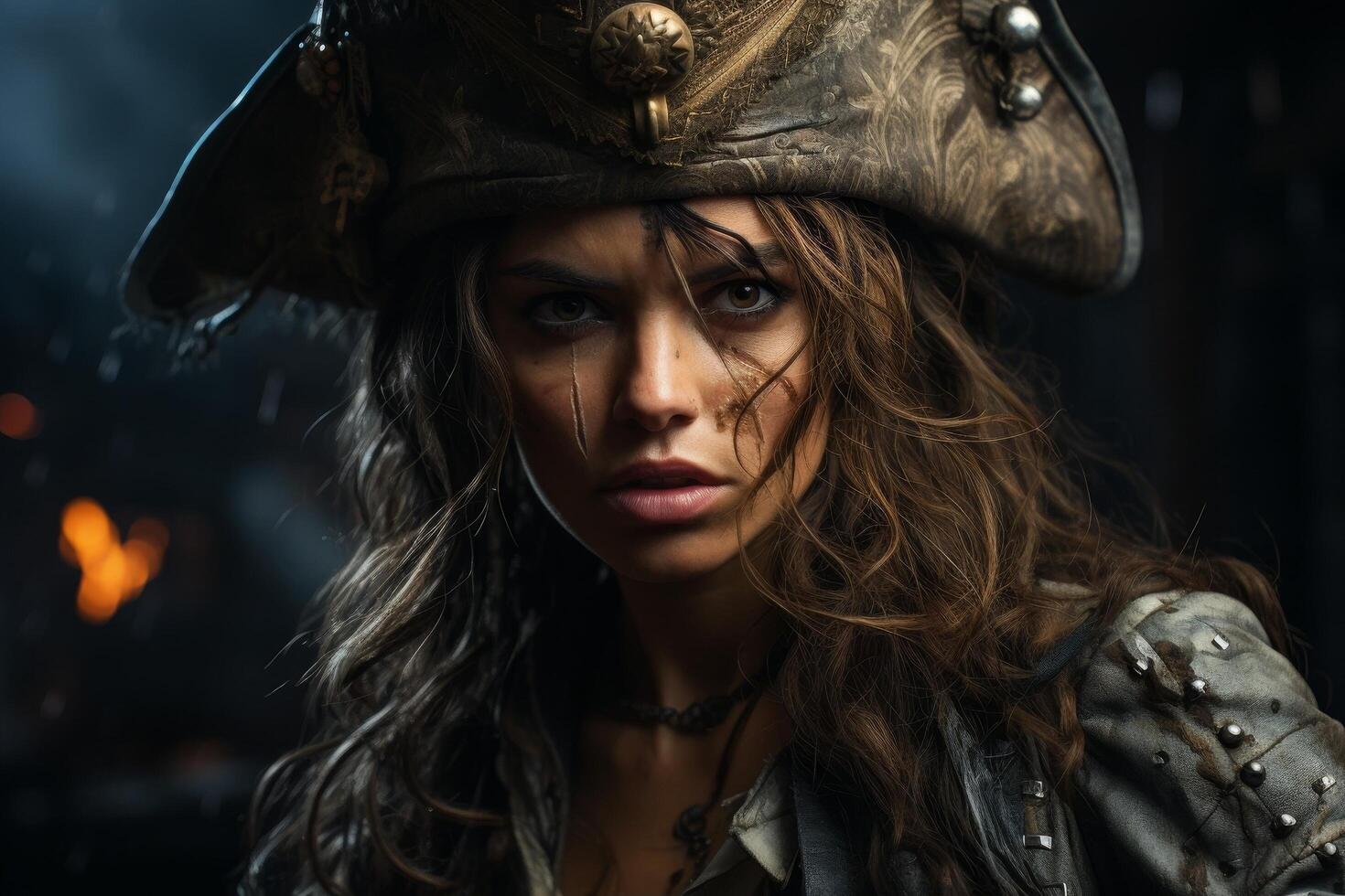 Fierce female pirate with intense gaze photo