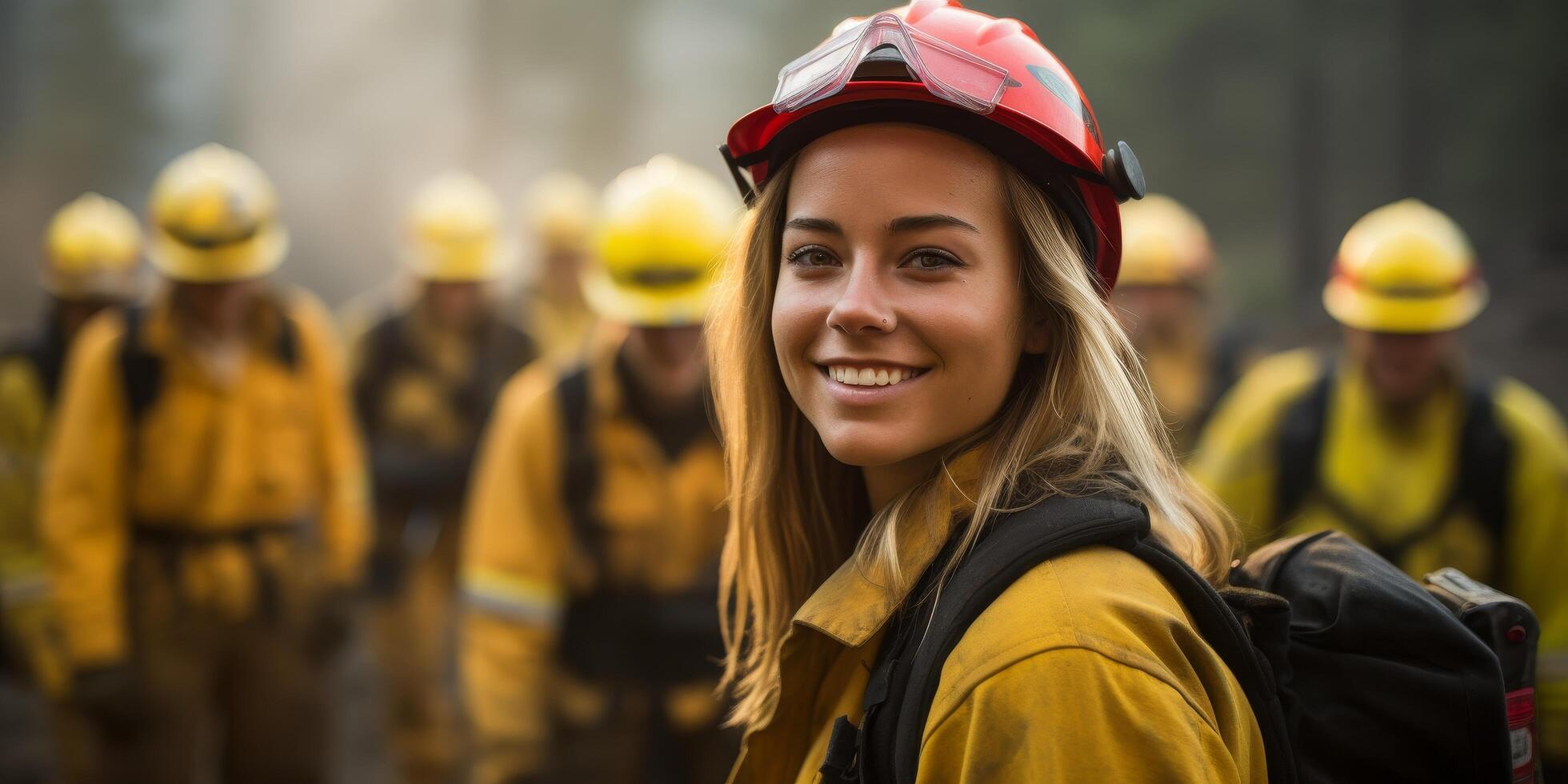 smiling female firefighter in protective gear photo
