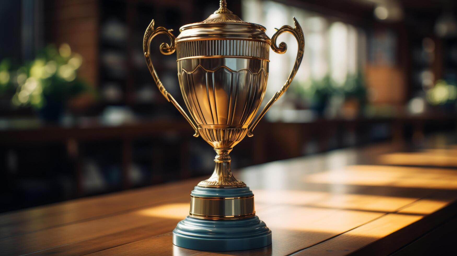 golden trophy on wooden table photo