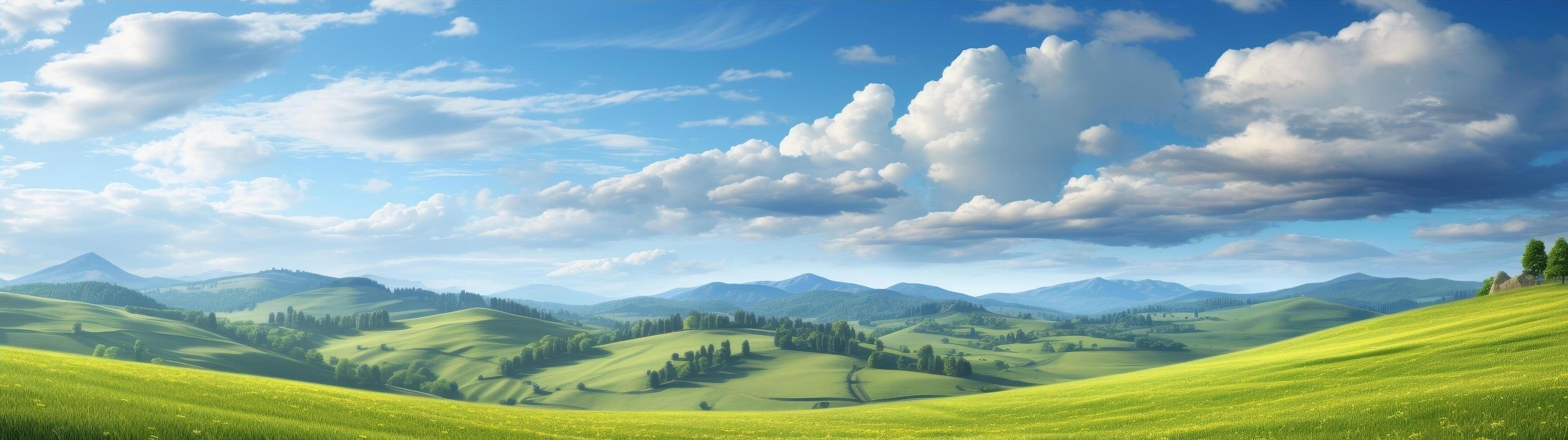 Scenic rolling hills and mountain landscape photo