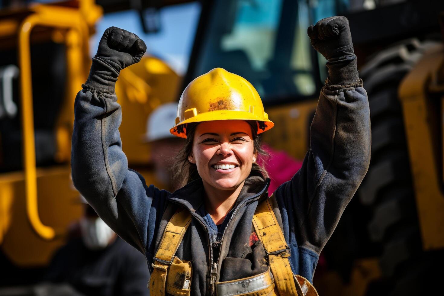 Smiling construction worker with raised arms photo