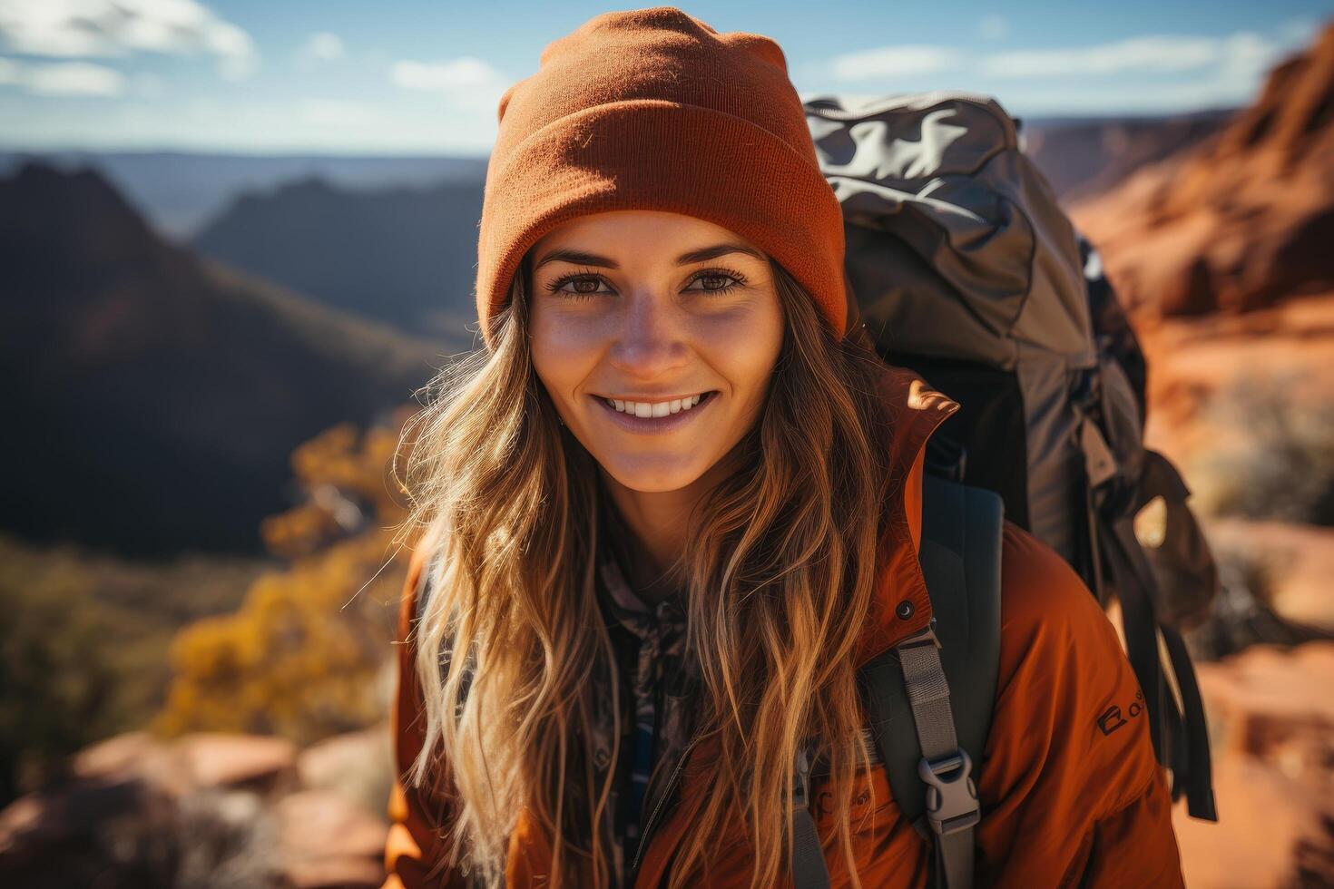 smiling woman in orange jacket hiking in mountains photo