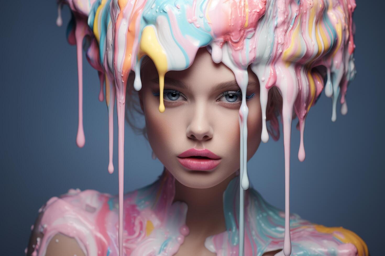 Vibrant abstract portrait with colorful paint dripping photo