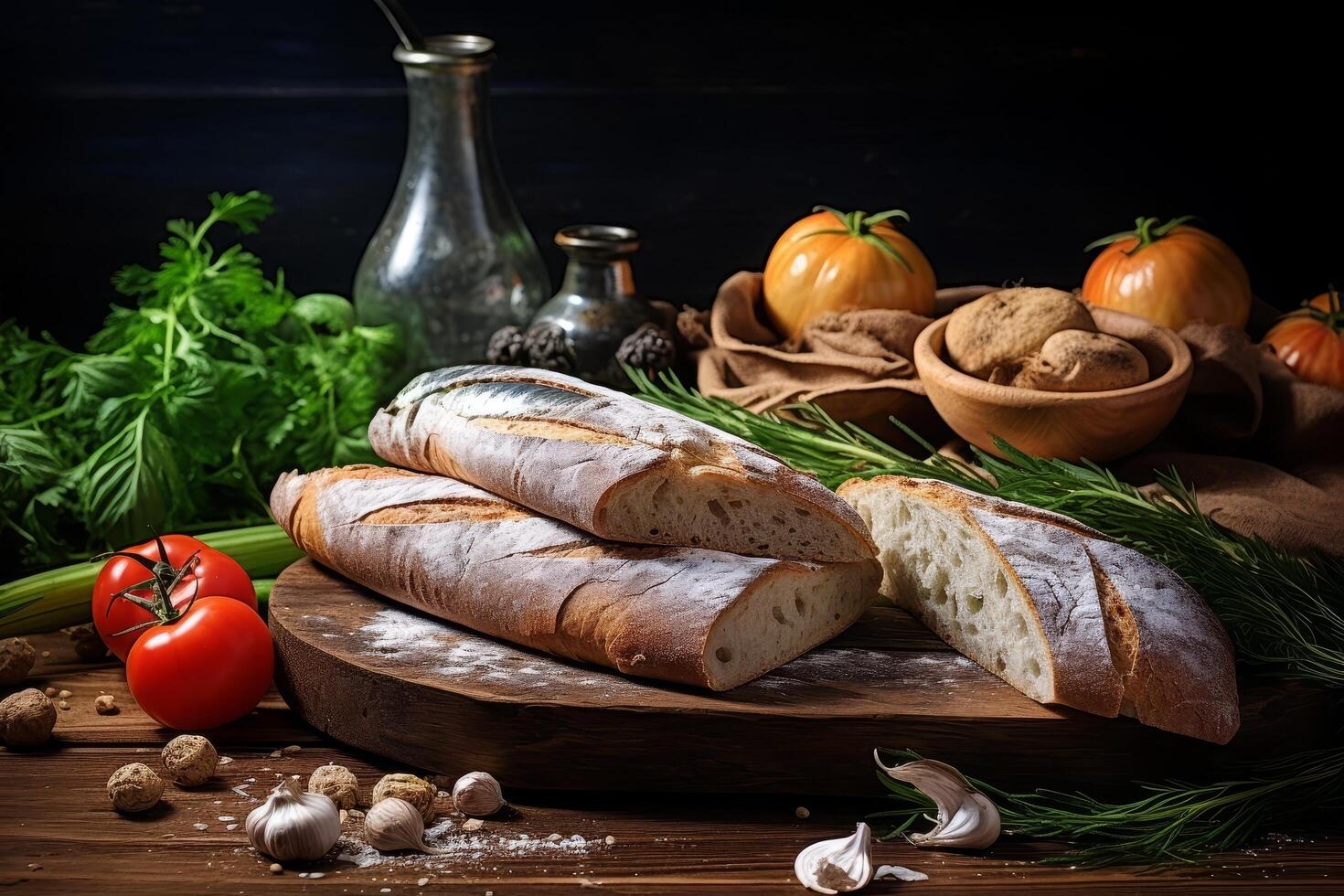 Rustic bread and fresh vegetables on wooden table photo