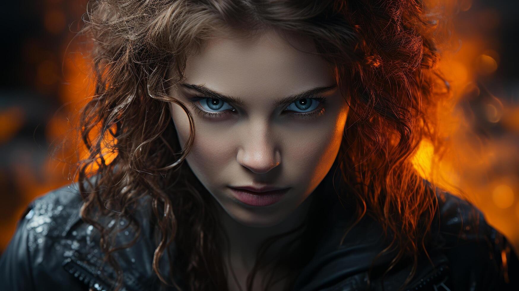 Intense gaze of a fierce redheaded woman photo