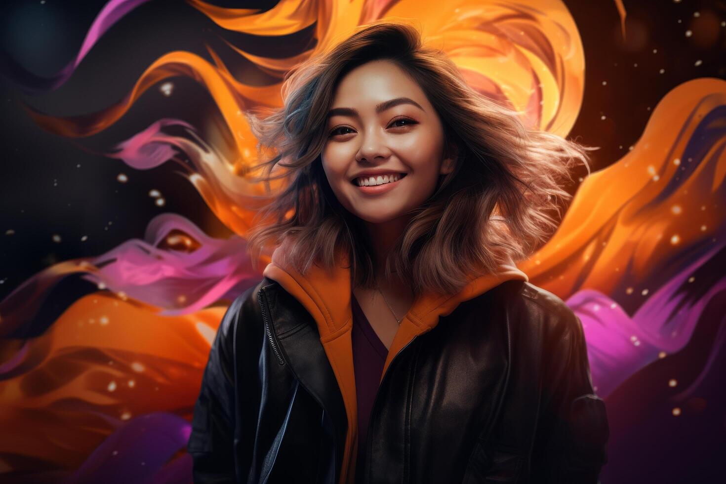 smiling woman with windblown hair against colorful background photo