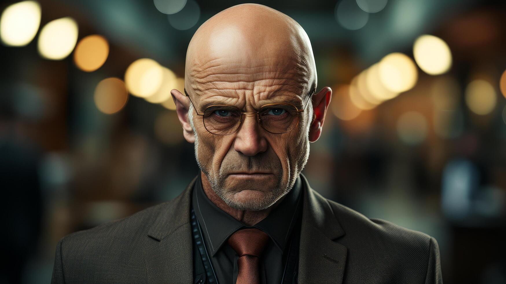 serious bald man in glasses and suit photo