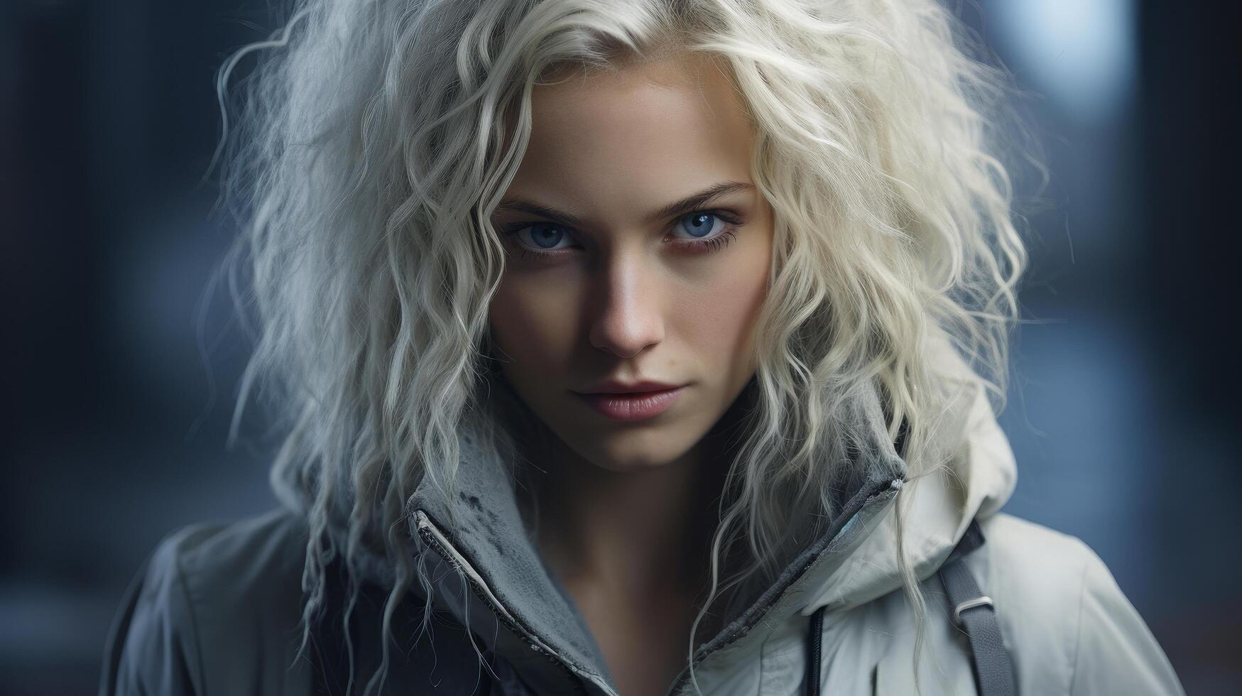 Striking blonde woman with intense gaze photo