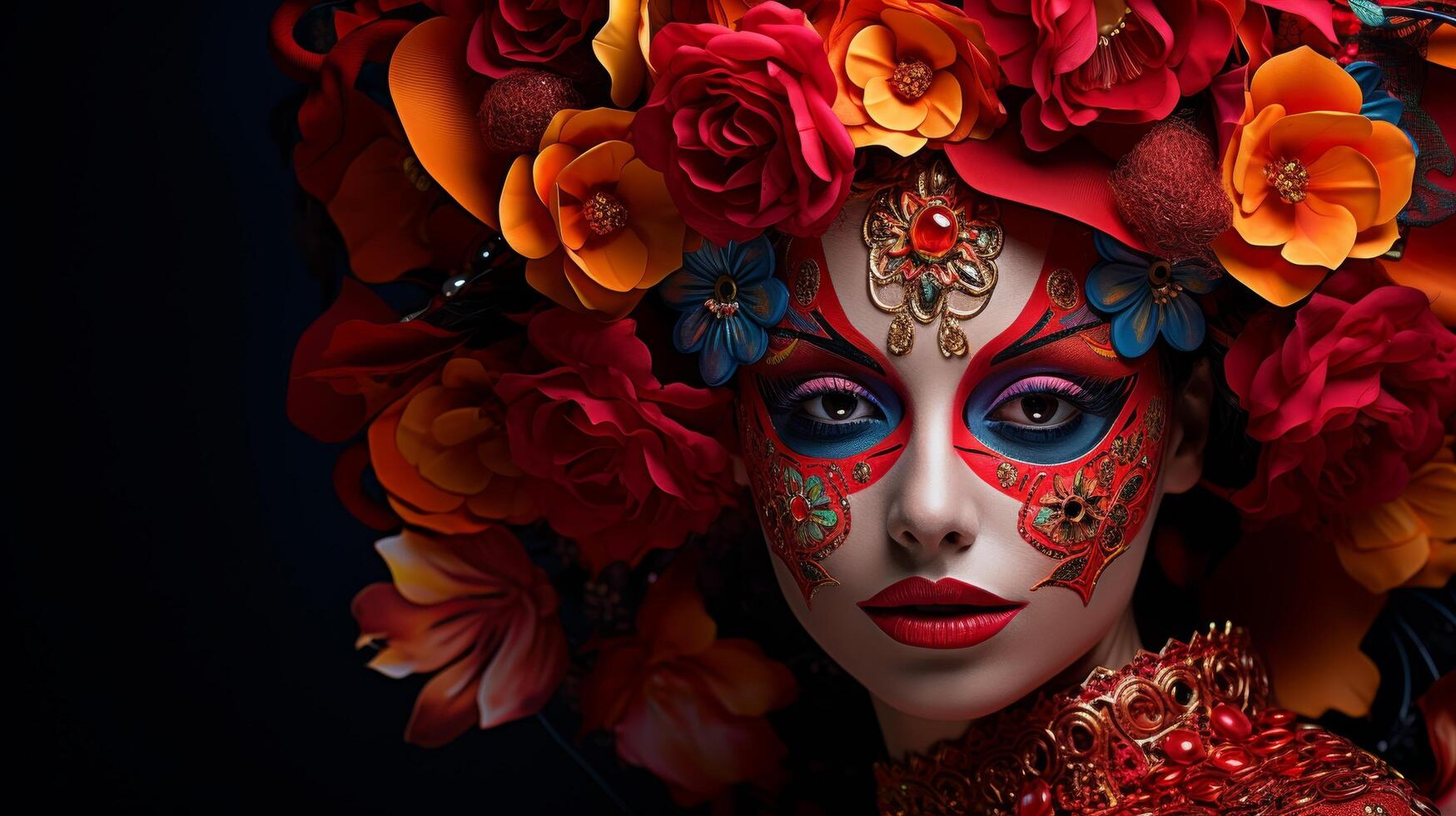 Vibrant floral portrait of a woman in ornate makeup photo