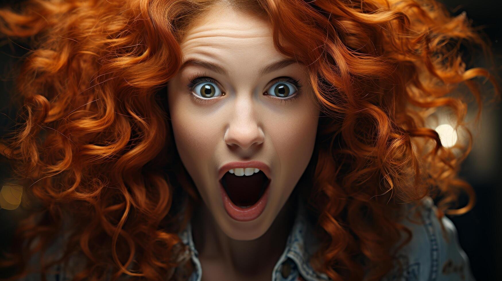 Surprised woman with vibrant red curly hair photo