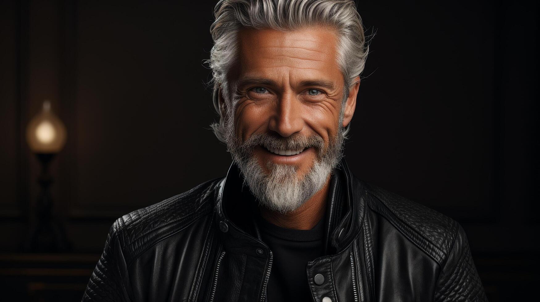 Mature man with gray hair and beard wearing a leather jacket photo