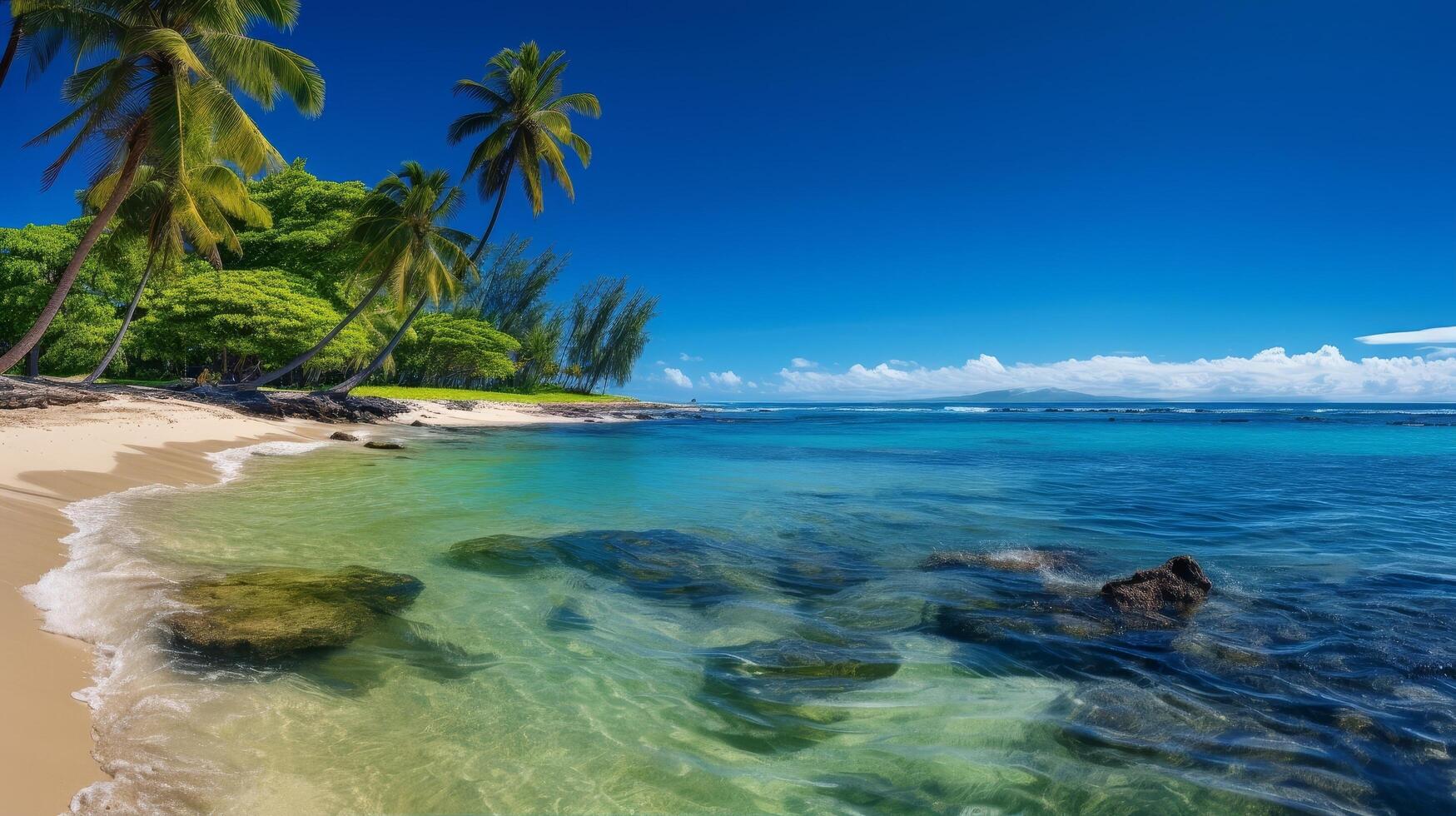 Tropical beach paradise with palm trees and crystal clear waters photo
