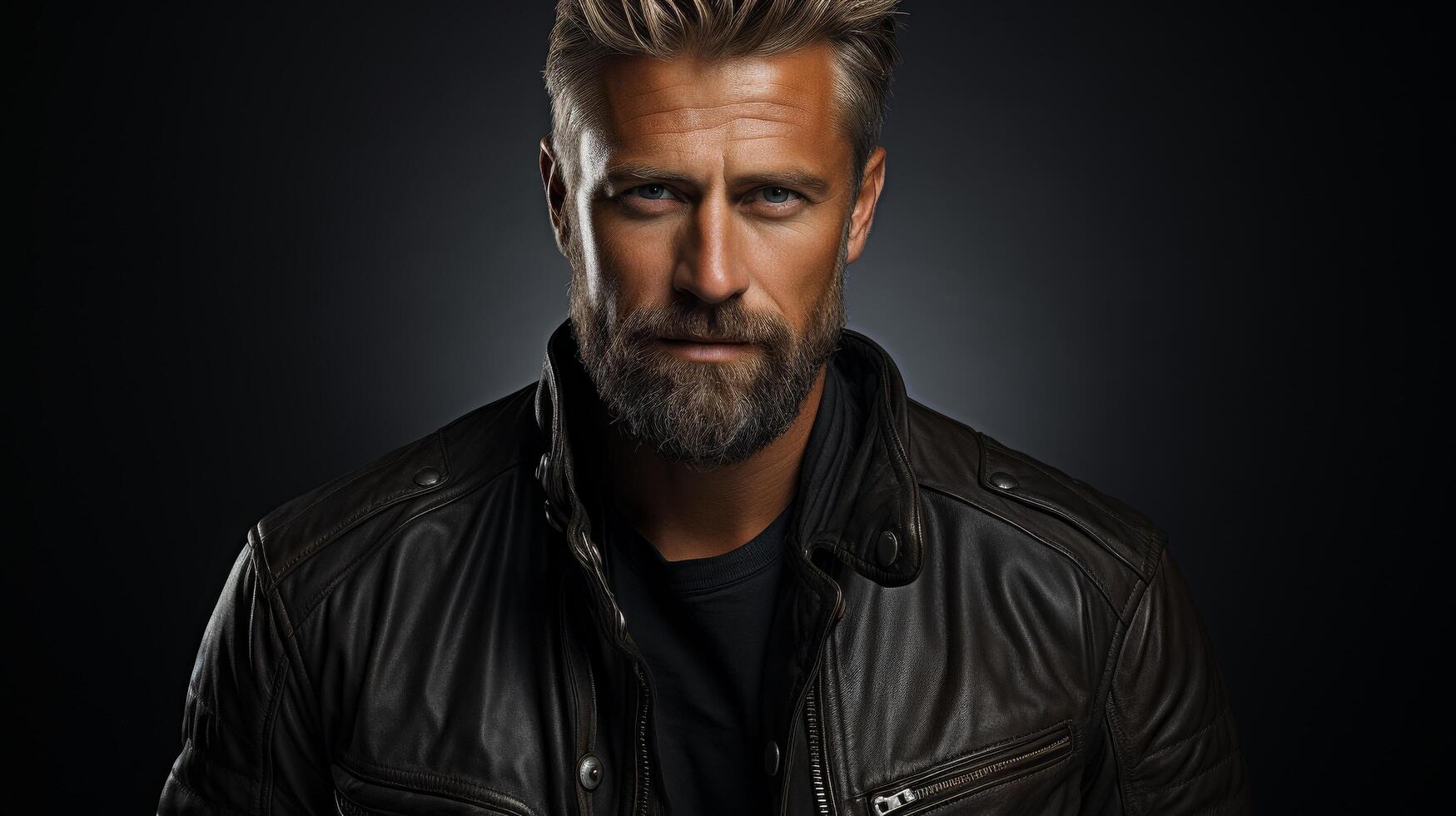 Rugged man with beard wearing leather jacket photo