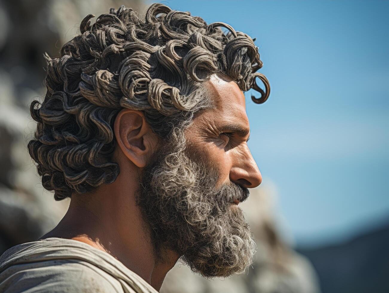 Closeup of a man with a curly beard and intricate hairstyle photo