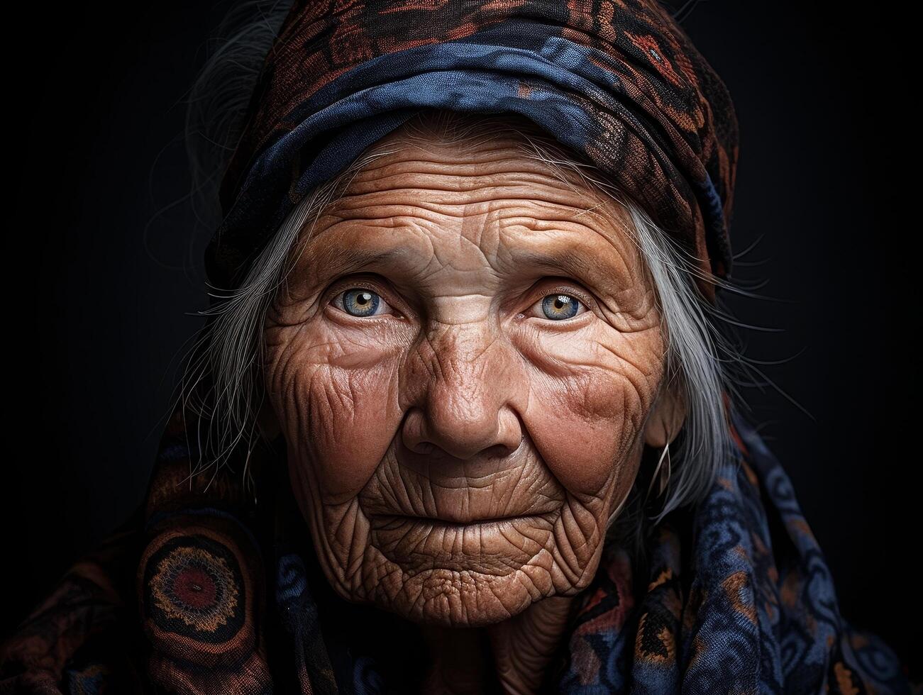 Weathered face of an elderly woman with piercing eyes photo