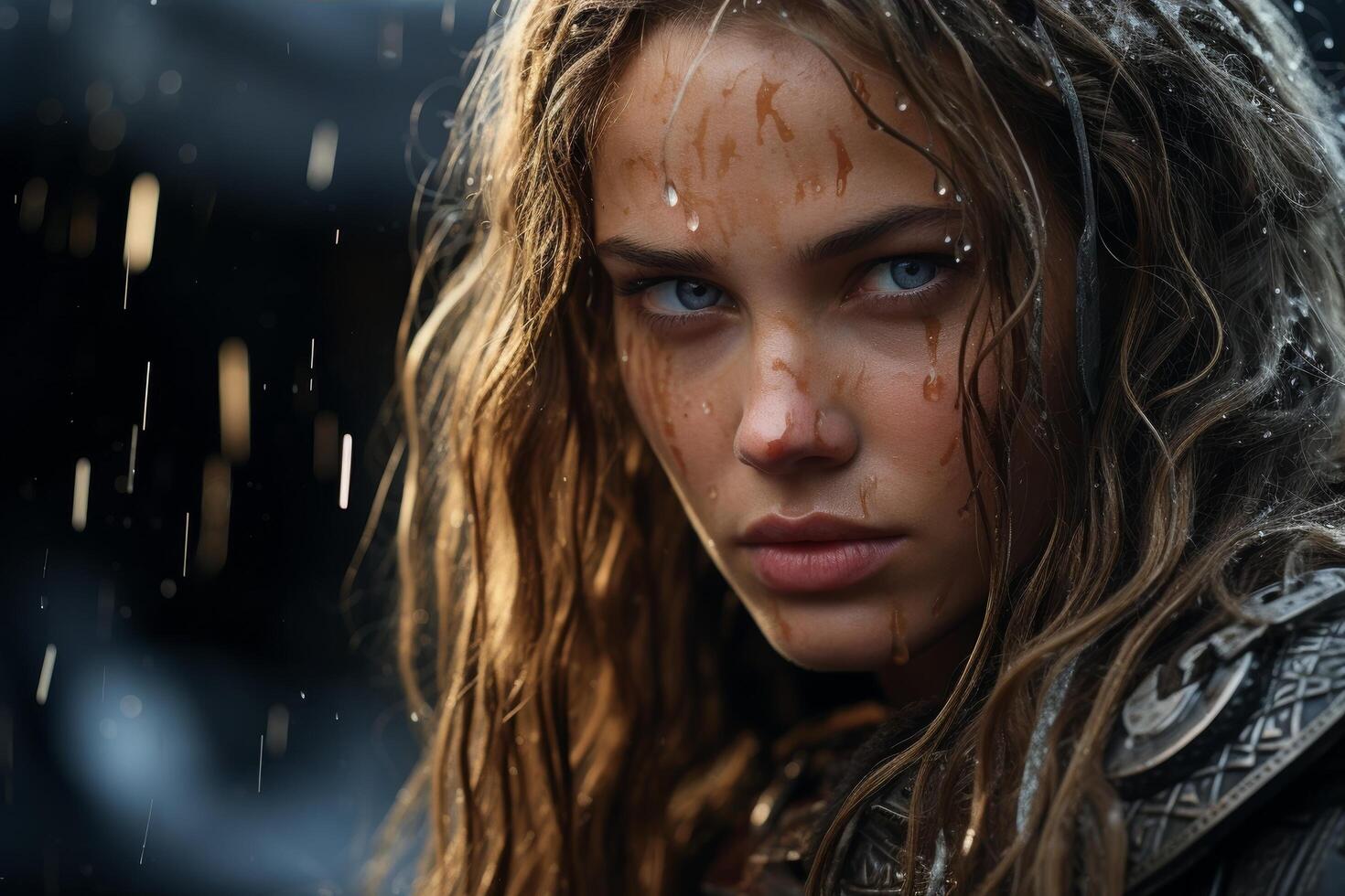 Intense gaze of a wet and weathered woman photo
