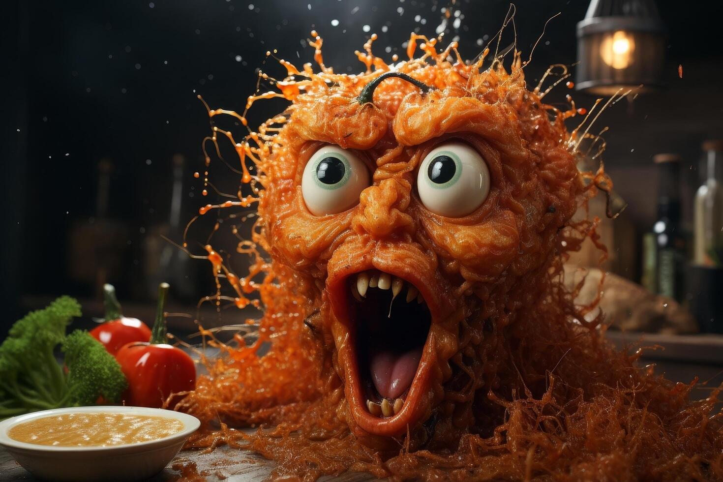 Scary food monster with fiery orange hair and bulging eyes photo