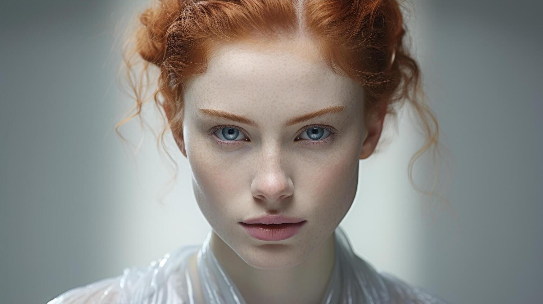 Enigmatic redhead with striking blue eyes photo