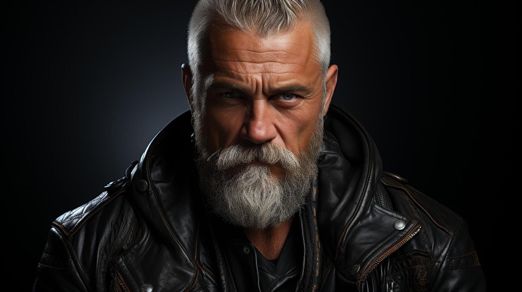 Serious mature man with beard in leather jacket photo