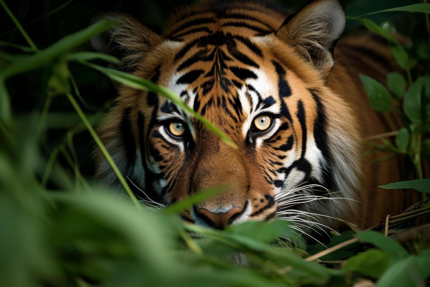 Captivating tiger in lush jungle foliage photo