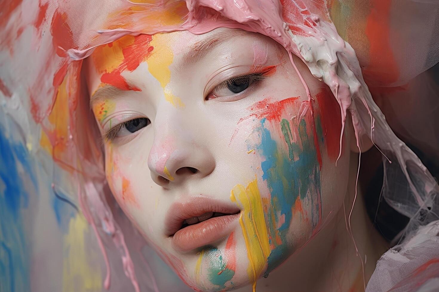 Colorful face art of a person with paint splattered on their face photo