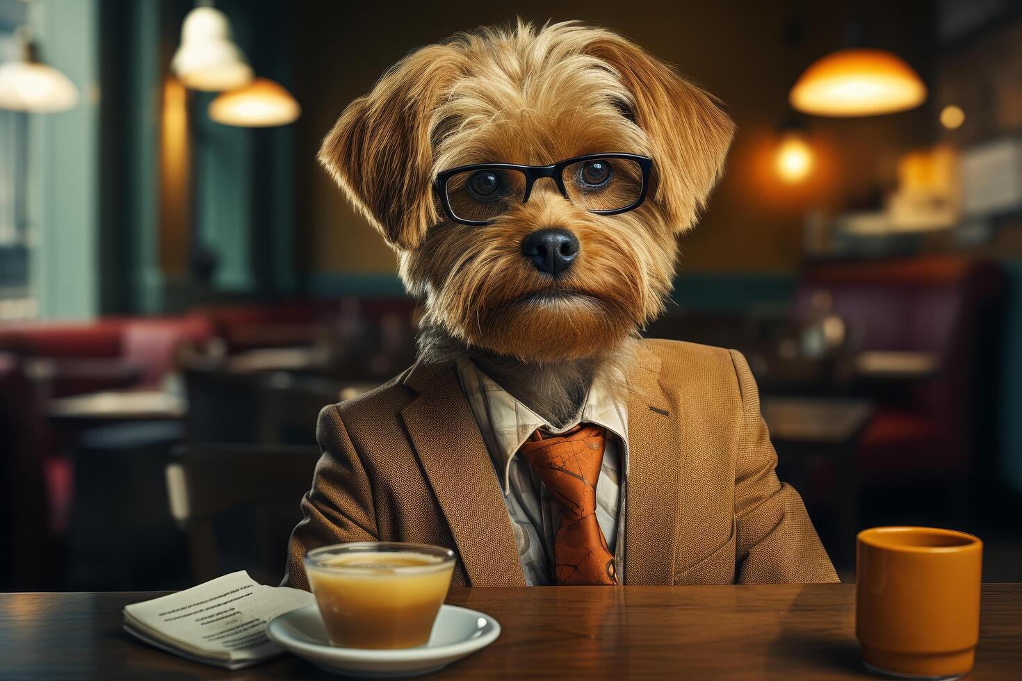 Stylish dog in business attire enjoying a coffee break photo