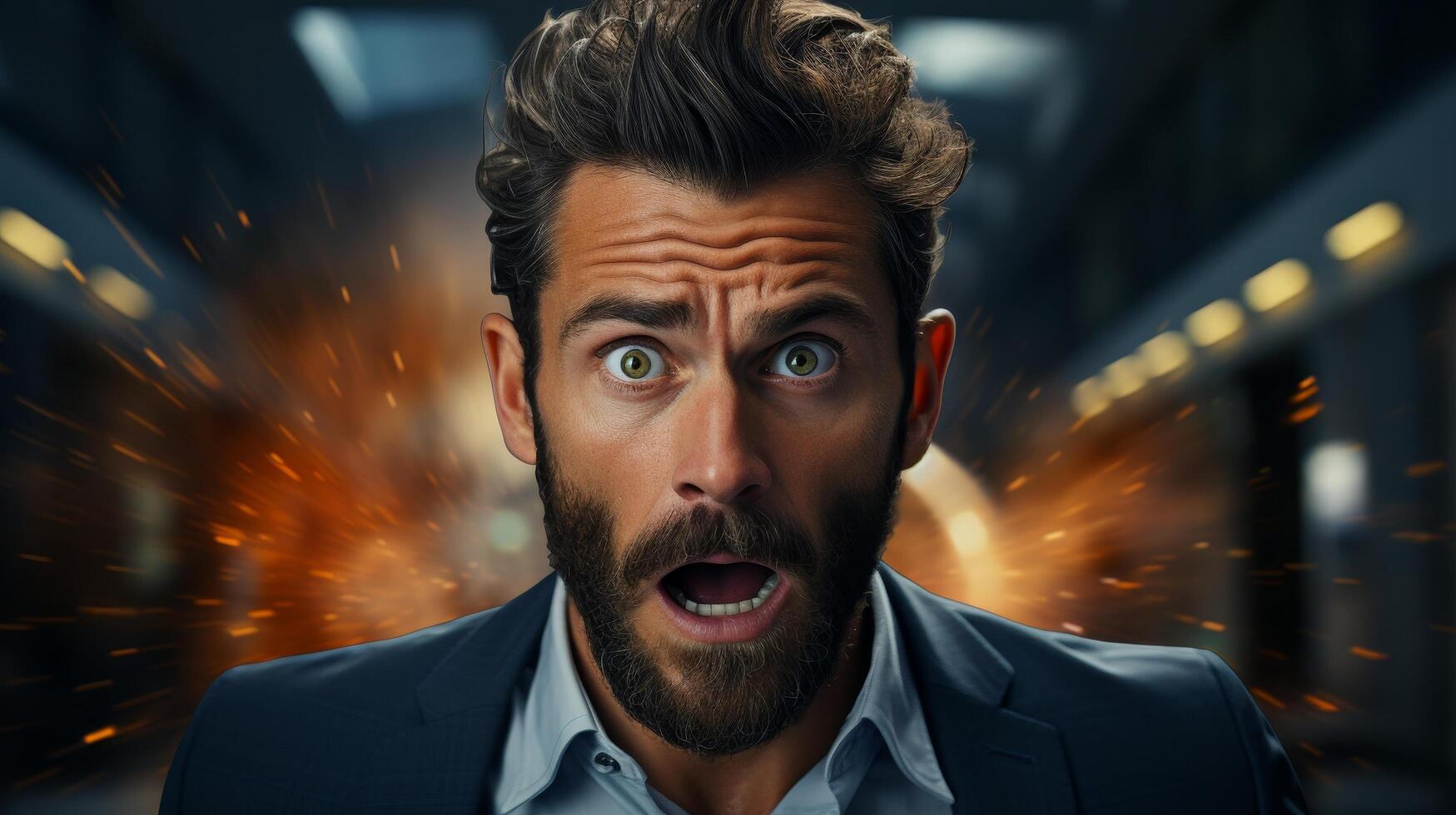 Shocked businessman with beard and intense expression photo