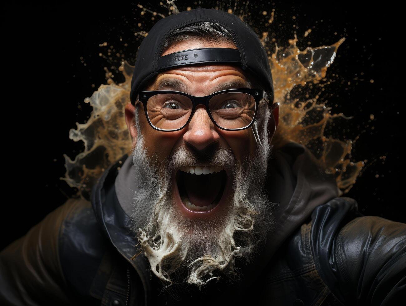 Excited mature man with beard and glasses photo