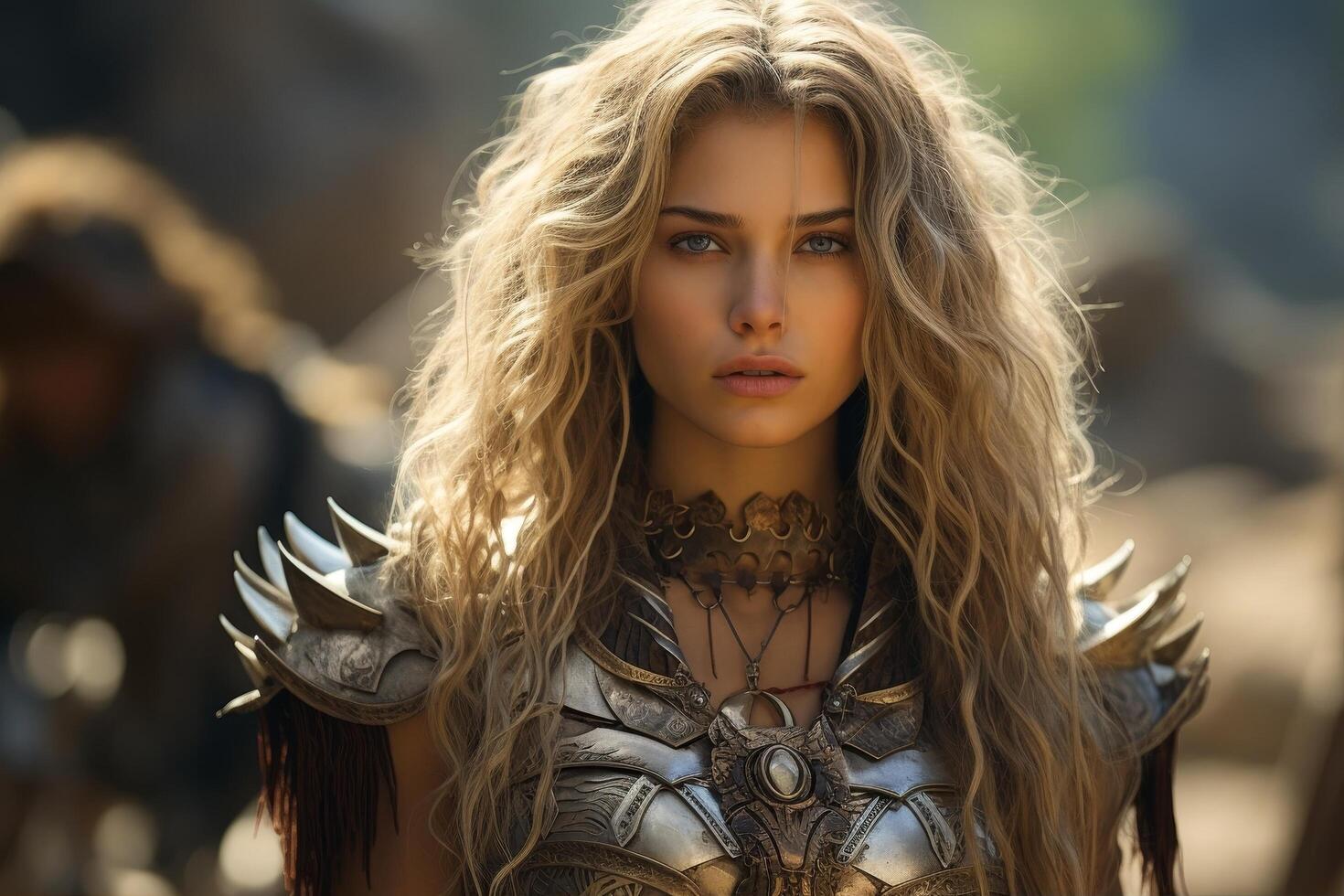 Fierce female warrior with flowing blonde hair photo