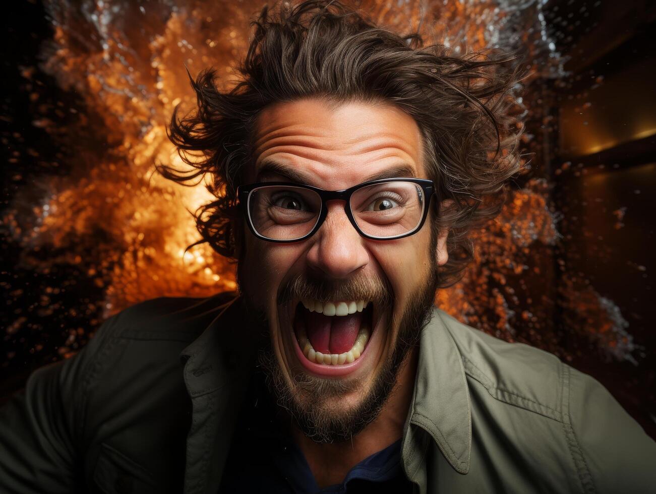 Excited man with wild hair and glasses photo