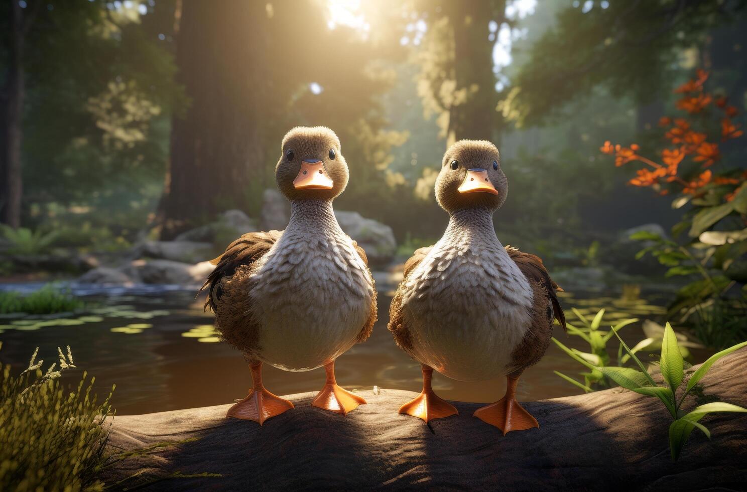 two cute ducklings in a forest stream photo