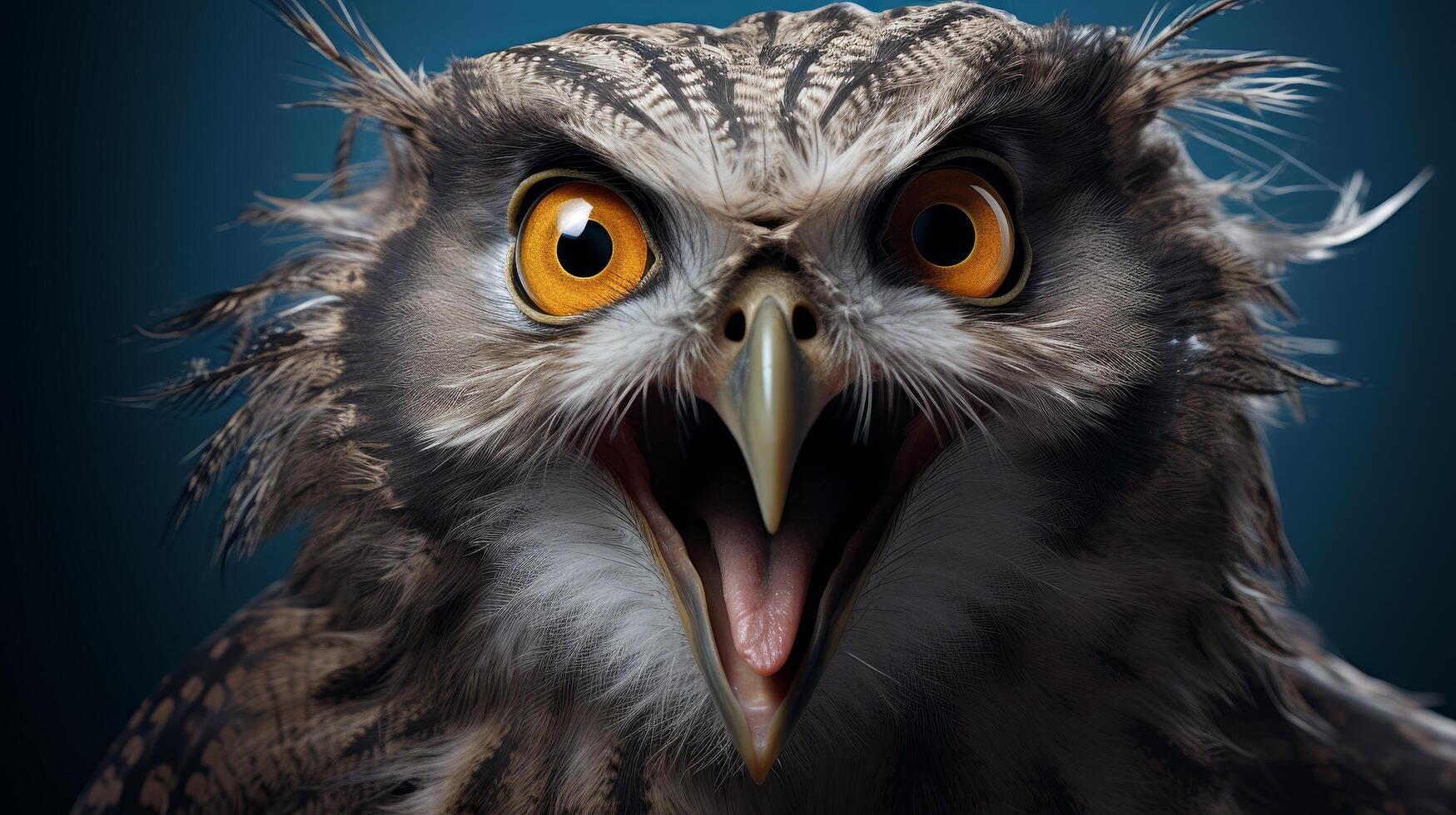 Close up portrait of a fierce looking owl with piercing yellow eyes photo