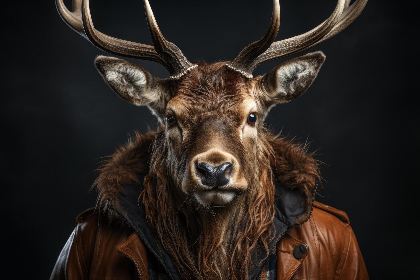 Deer wearing leather jacket photo