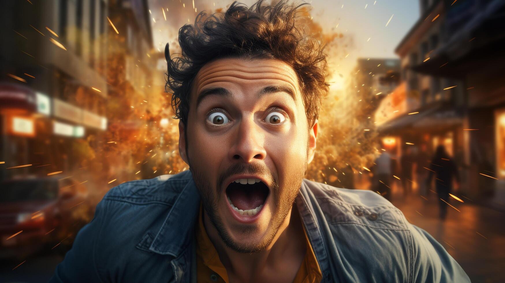 Shocked man in explosion photo