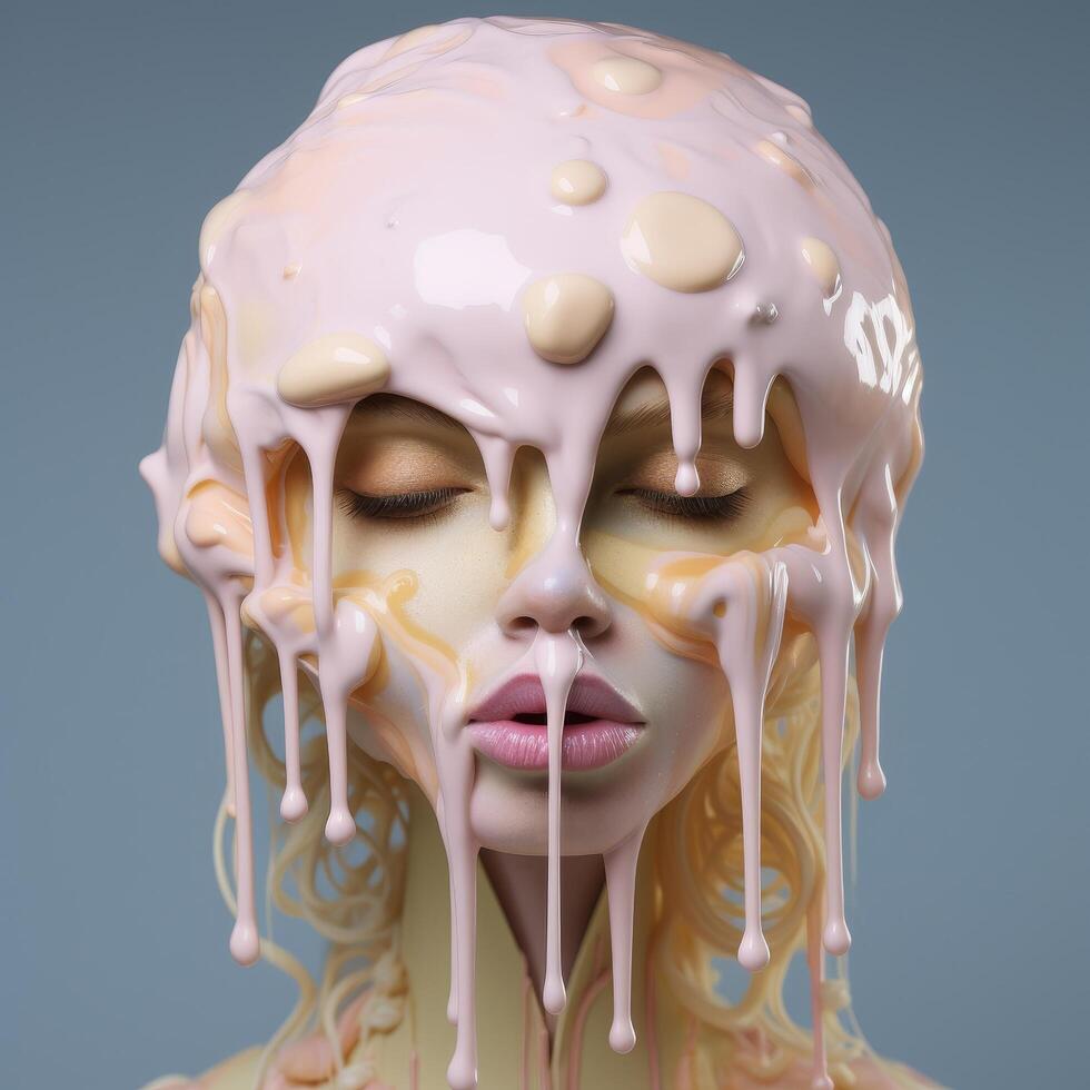 surreal melting face with dripping paint photo