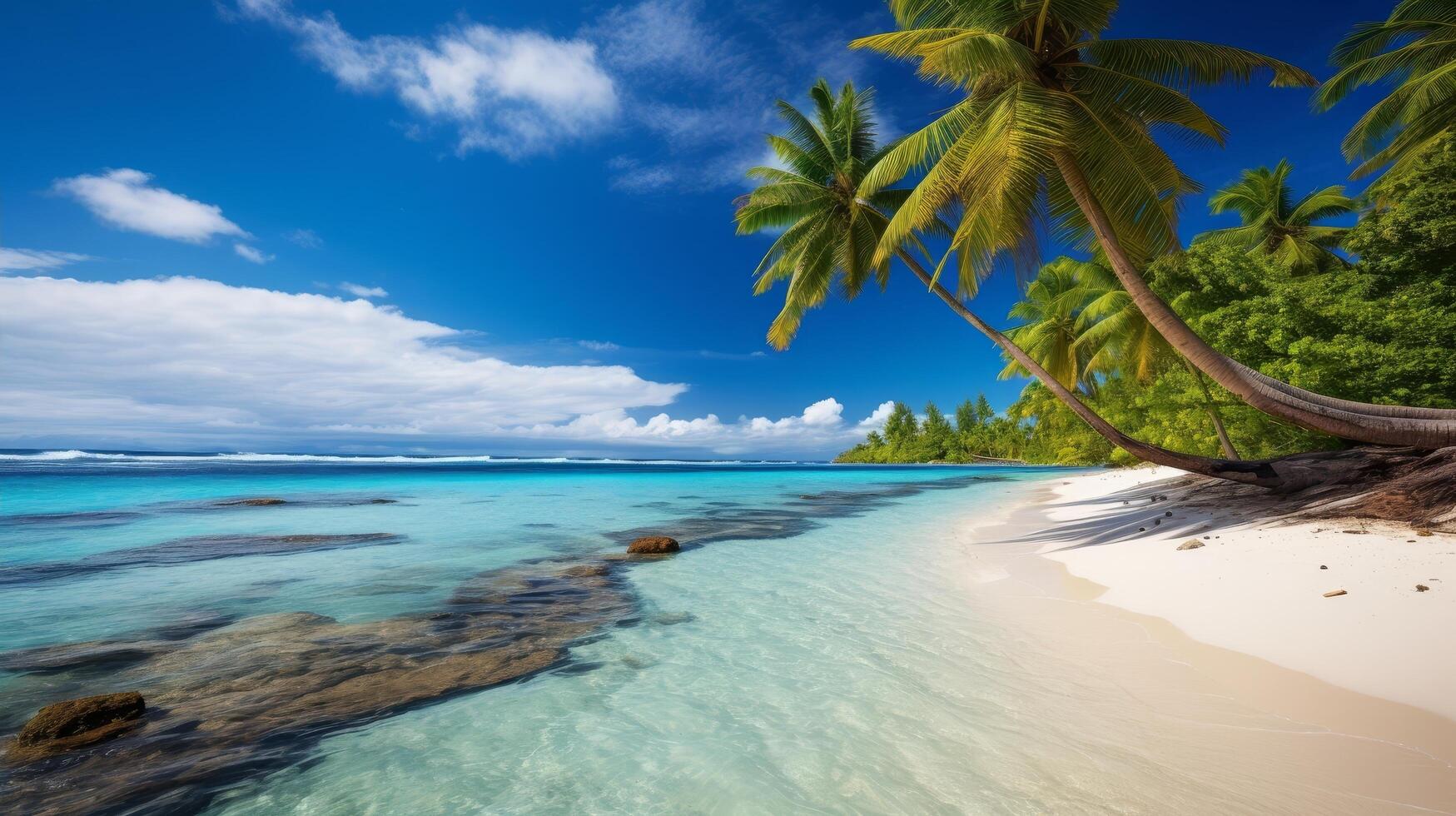 Tropical beach paradise with palm trees and crystal clear waters photo