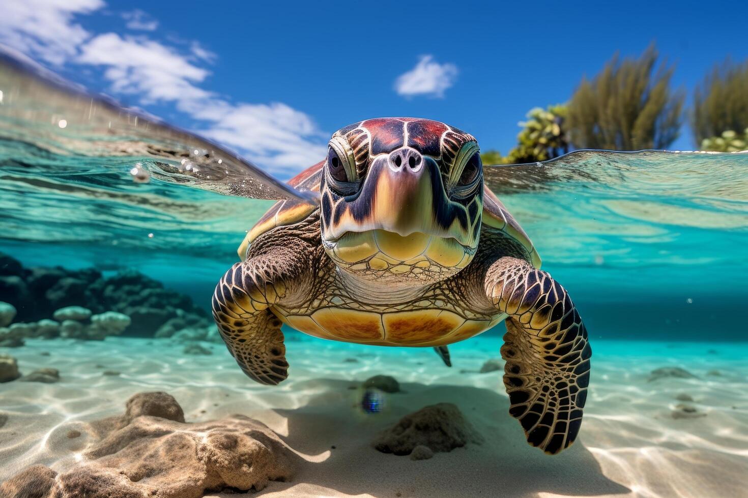 Close up of a colorful sea turtle swimming underwater photo