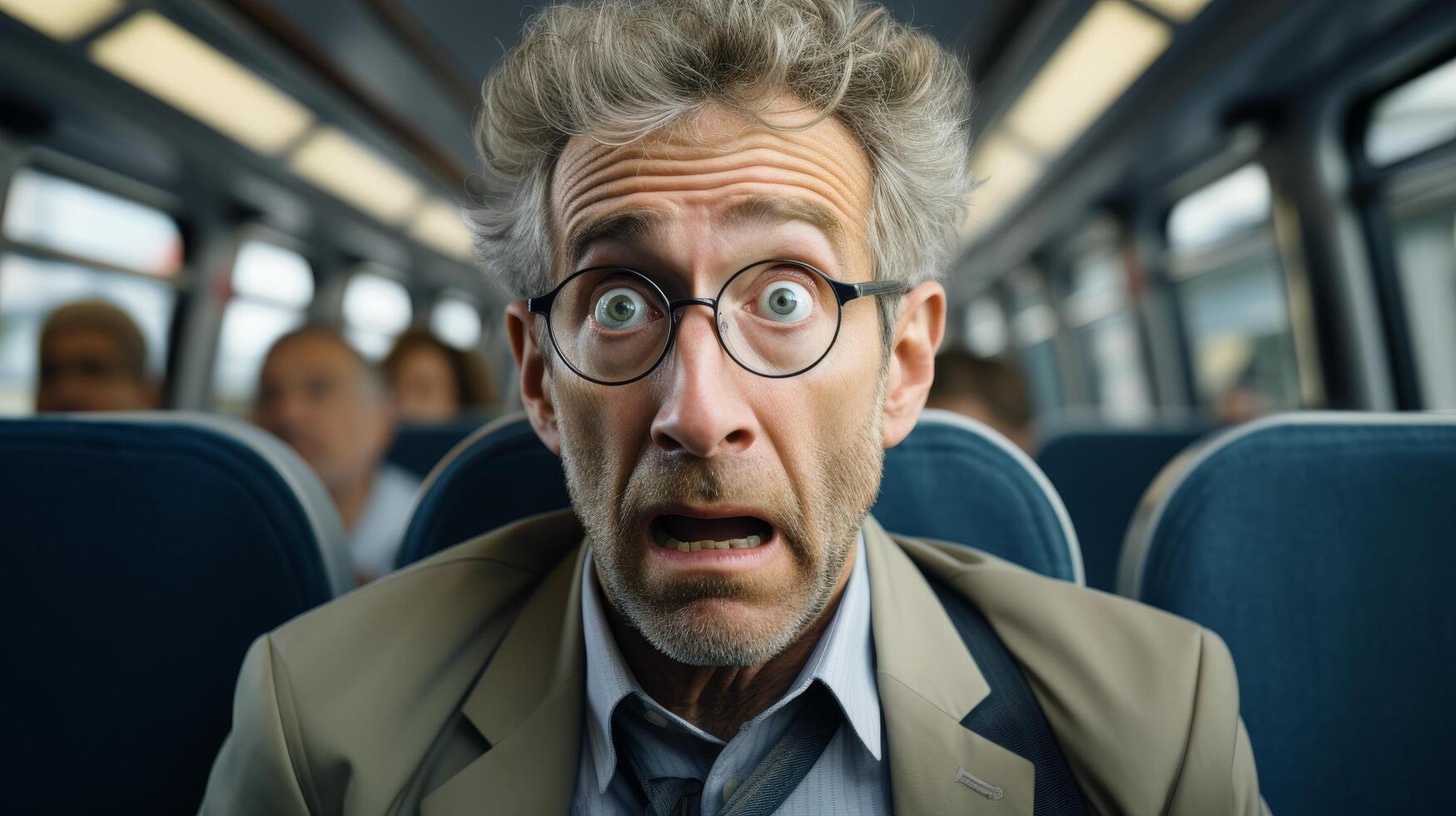 Surprised businessman on public transportation photo